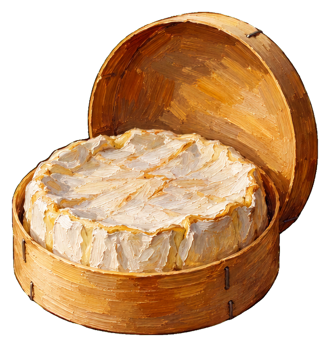 A round camembert cheese in a wooden box with the lid open