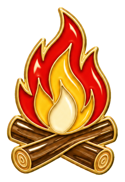 Stylized campfire with bright flames above crossed logs