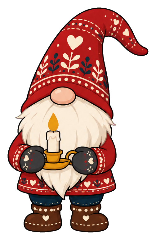 Red-hatted gnome holding a lit candle with heart and floral folk art details