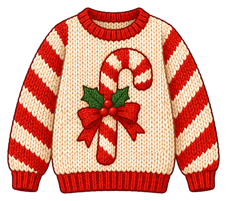Red and white ugly sweater with candy cane and holly decoration