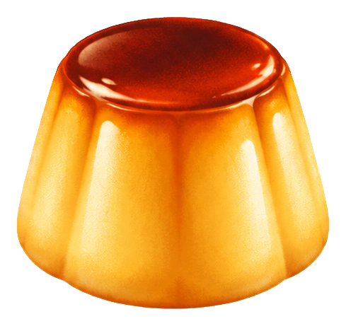 Airbrush-style caramel pudding dessert sticker with a glossy top and golden flan shape