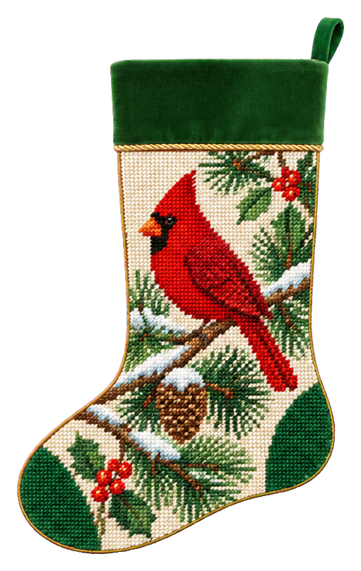 Red cardinal perched on a decorated Christmas stocking with pine branches and berries