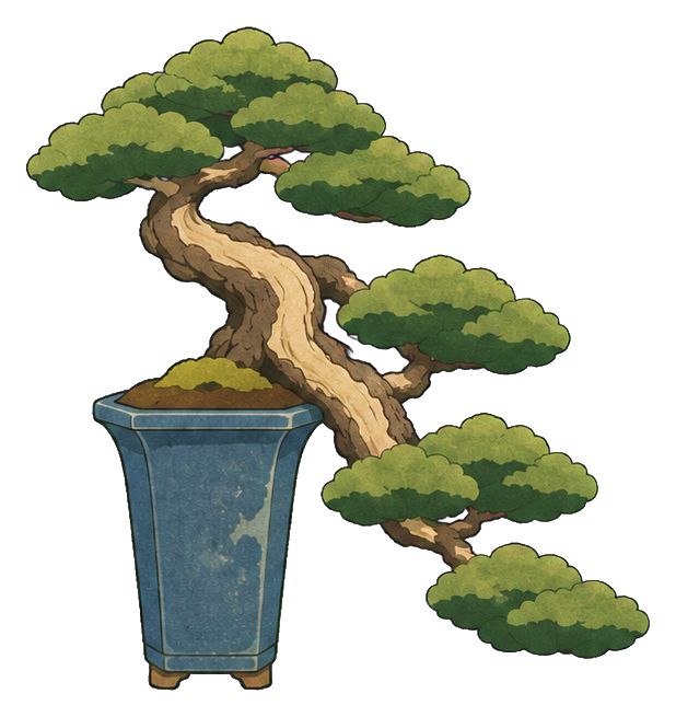 Cascade pine bonsai tree with curved trunk in a blue pot