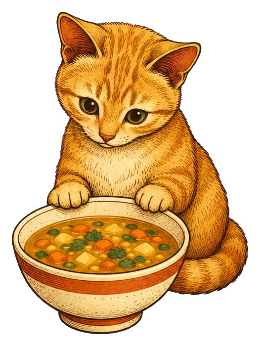 A ginger cat sitting behind a bowl of soup with vegetables.
