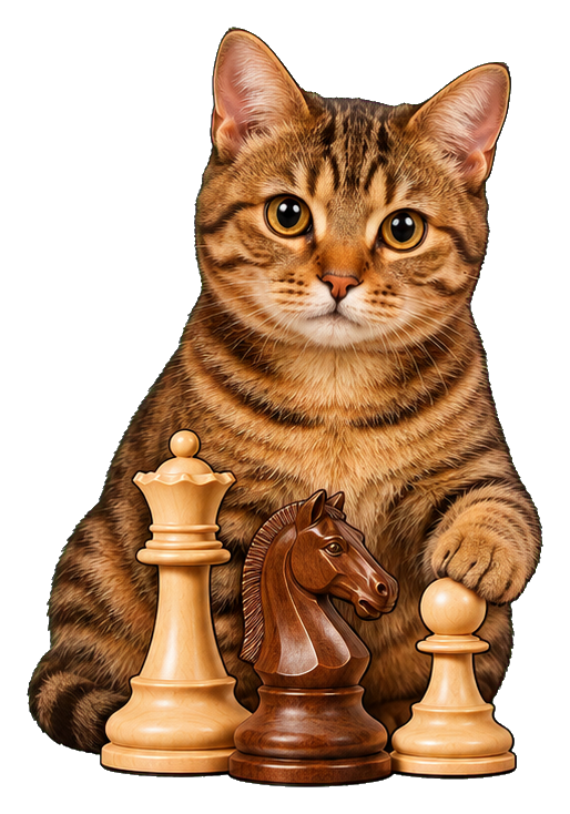 Tabby cat sitting behind chess pieces including a king, knight, and pawn