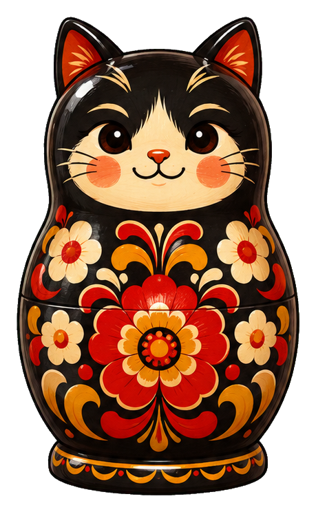 Black cat painted on a floral matryoshka nesting doll with orange ears and red flowers