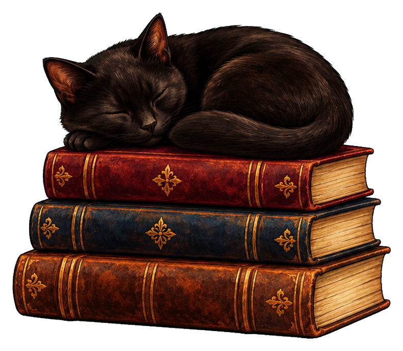 Sleeping black cat curled on a stack of three vintage books