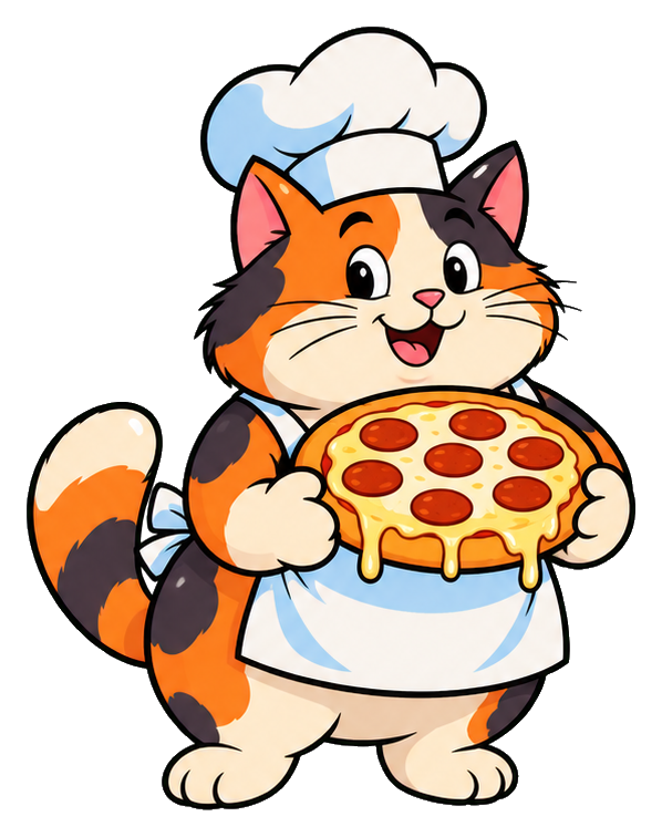 Cartoon cat chef holding a pepperoni pizza with a white apron and hat.