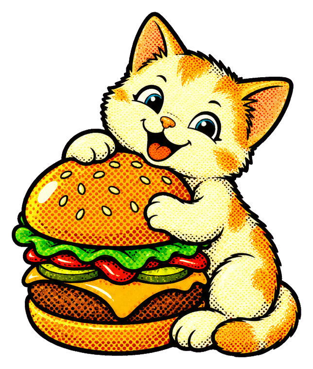Cute cartoon cat holding a large hamburger in a pop art sticker style.