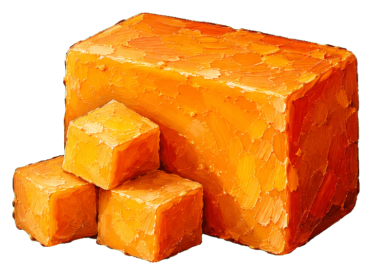 A cheddar cheese block with three small cubes beside it.