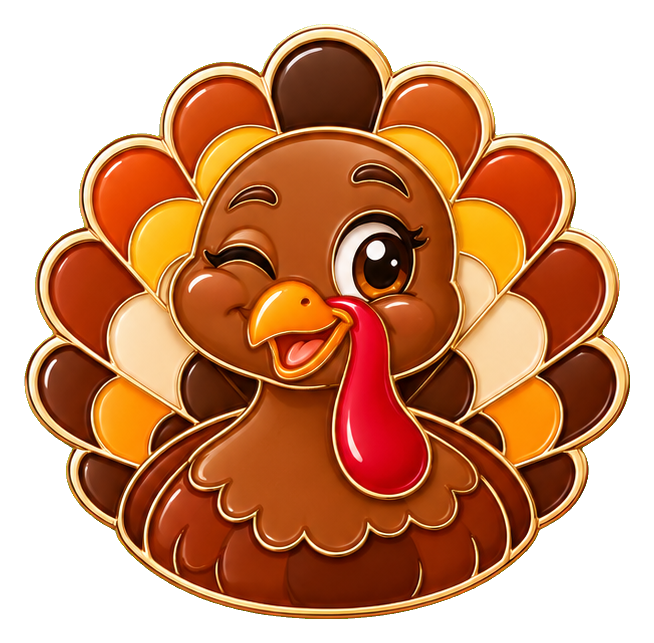 Cheeky cartoon turkey face with brown feathers and orange tail fan