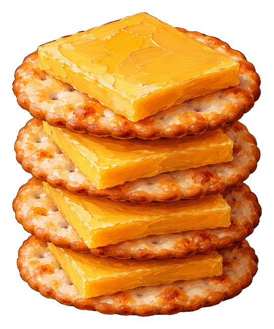 Stack of cheese slices on round crackers arranged as a food sticker.