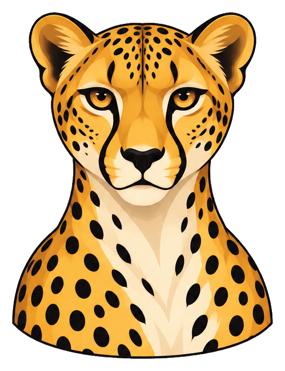Stylized cheetah head and shoulders portrait with spotted fur and alert ears.