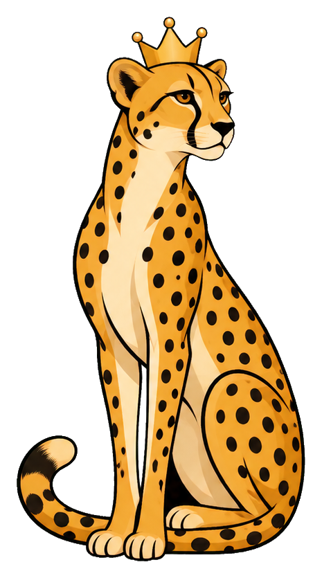Cheetah sitting with a crown and spotted coat in a regal pose