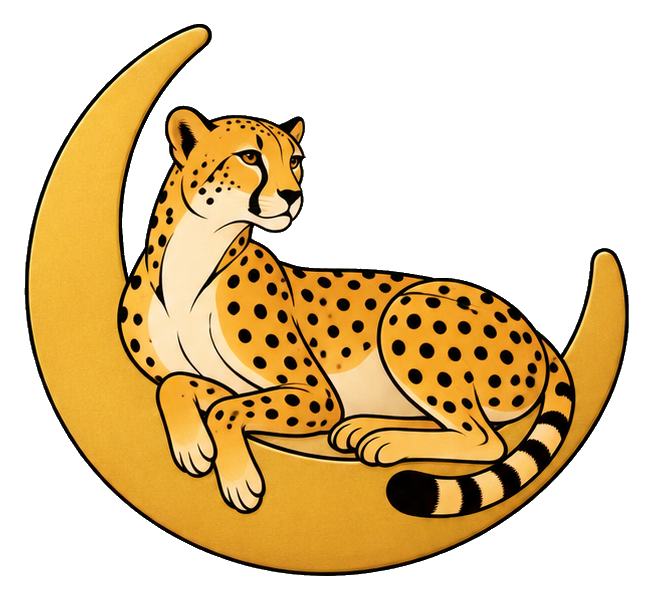 Illustrated cheetah lounging on a crescent moon with spots and curled tail