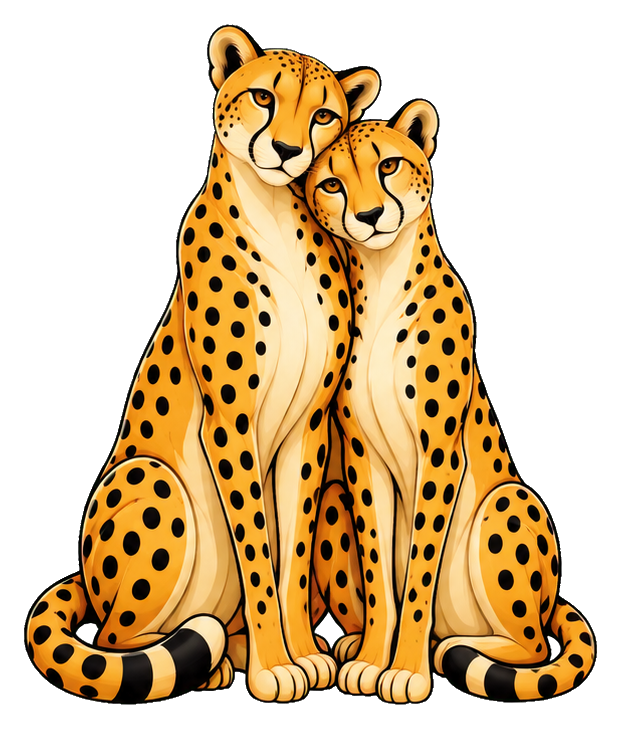 Two cheetahs sitting together as a sticker graphic with a transparent background.