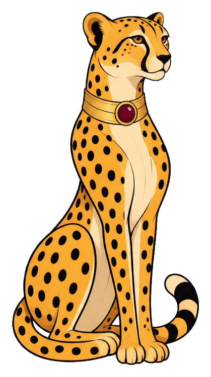 Stylized cheetah sitting with a gold collar and spotted coat.