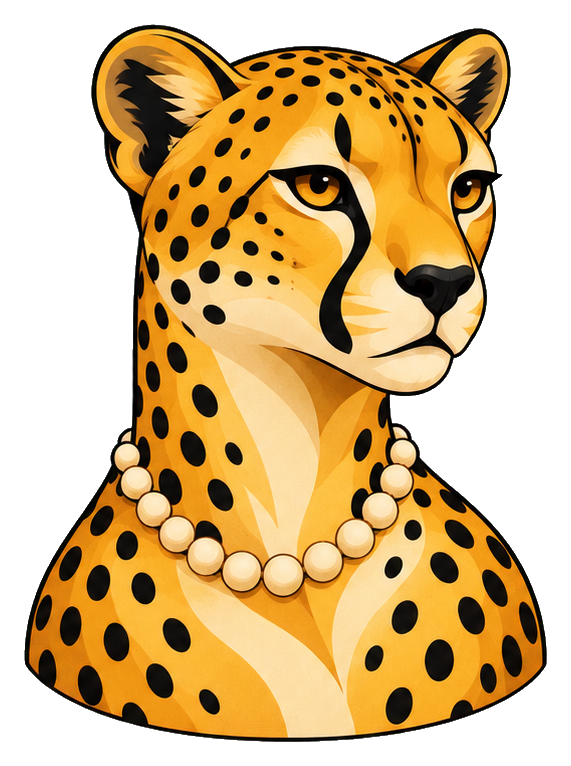 Illustrated cheetah bust wearing a pearl necklace with art deco styling.