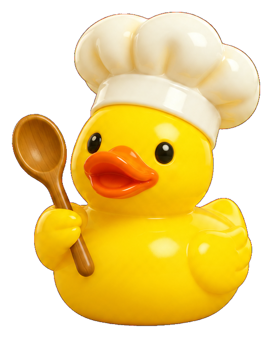 Yellow rubber duck wearing a chef hat and holding a wooden spoon