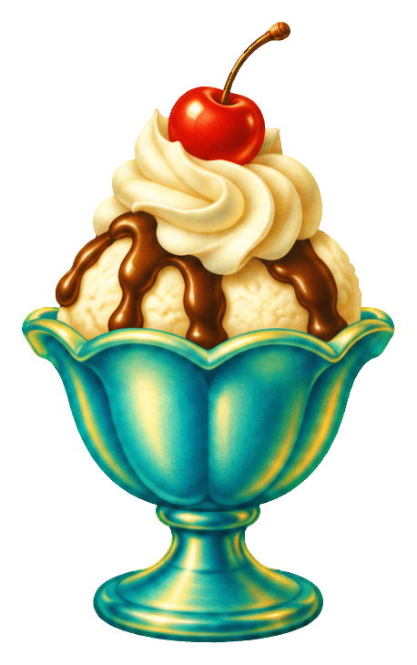 Airbrush-style cherry sundae in a turquoise dessert bowl with whipped cream and chocolate sauce