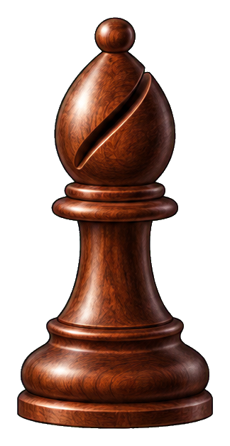 Wooden chess bishop piece standing upright on a base.