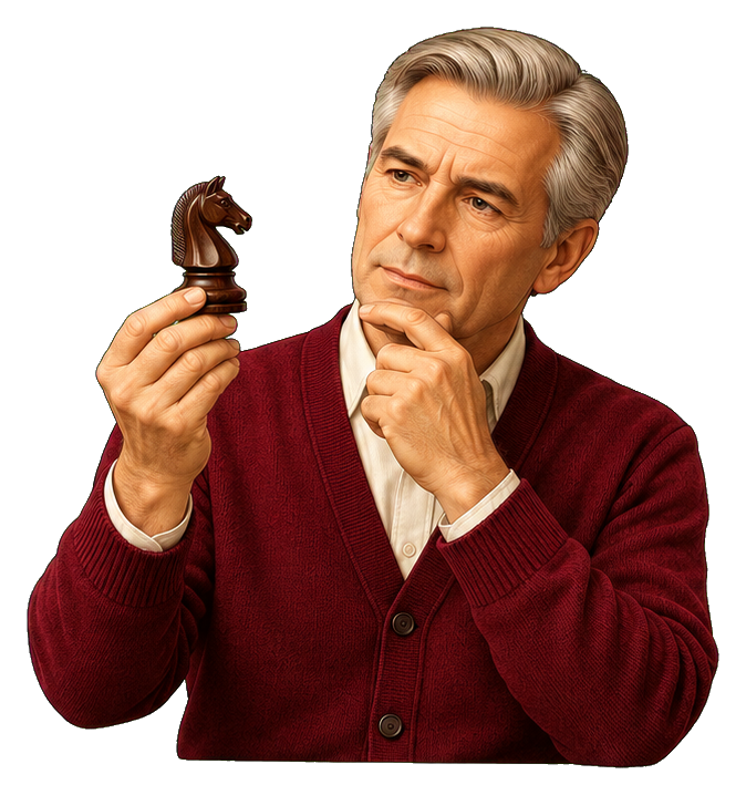 Man in a burgundy cardigan holding a chess piece and thinking.