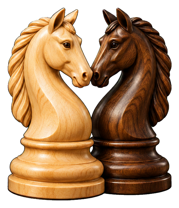 Two chess knight pieces facing each other in a close-up showdown
