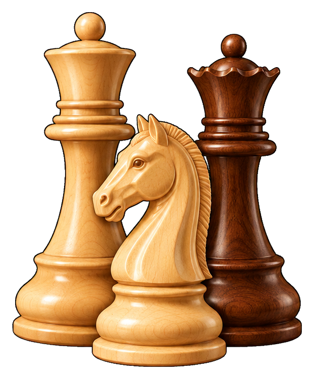 Three chess pieces standing together, including a knight, king, and queen.