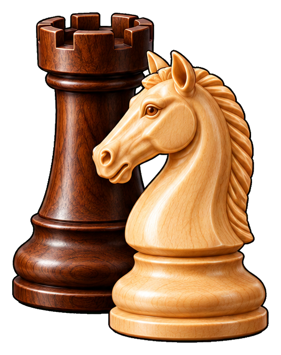 Wooden chess rook and knight pieces shown side by side on a transparent background.