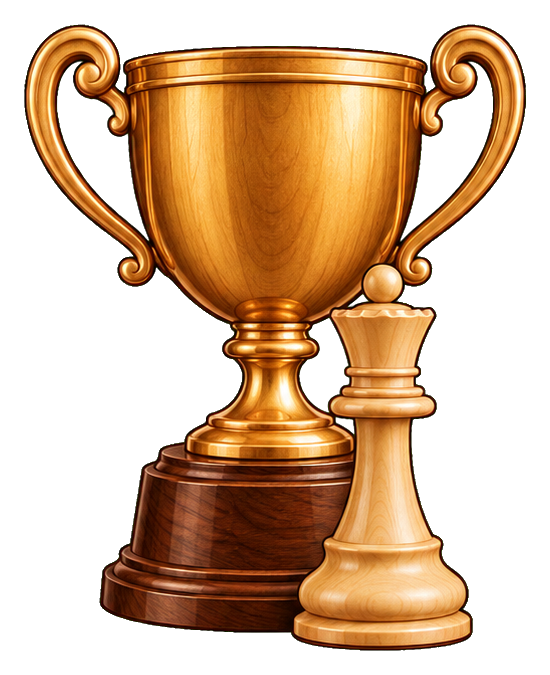 Gold trophy cup beside a chess pawn on a wooden base