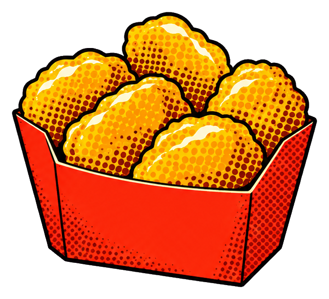 Red carton filled with golden chicken nuggets in pop art style