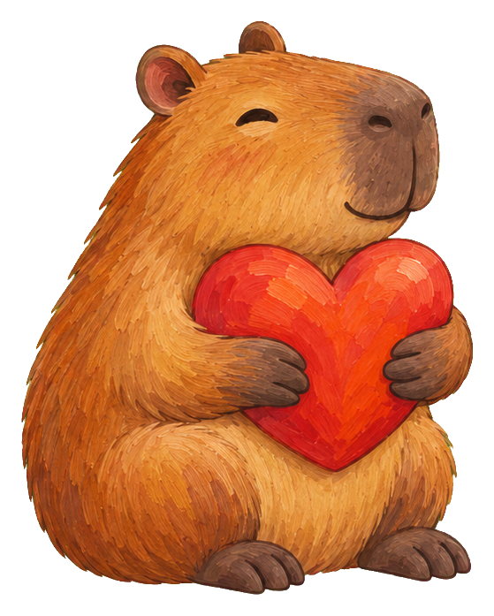 Cute capybara holding a red heart in a soft painted style