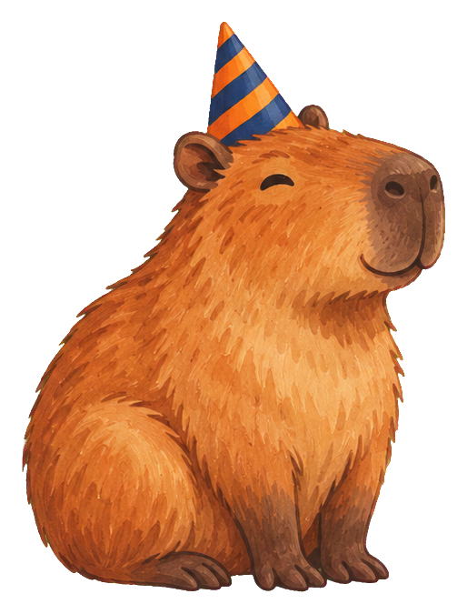 Cute capybara wearing a striped party hat and sitting calmly