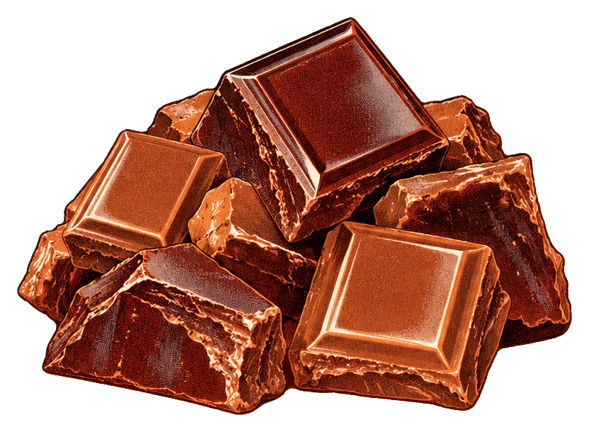 Pile of square chocolate chunks with glossy brown surfaces and broken pieces