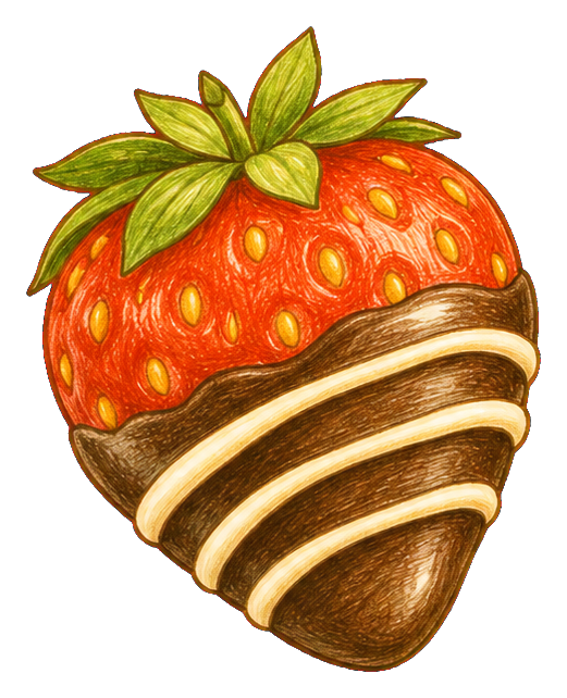 A chocolate dipped strawberry with green leaves and striped chocolate coating