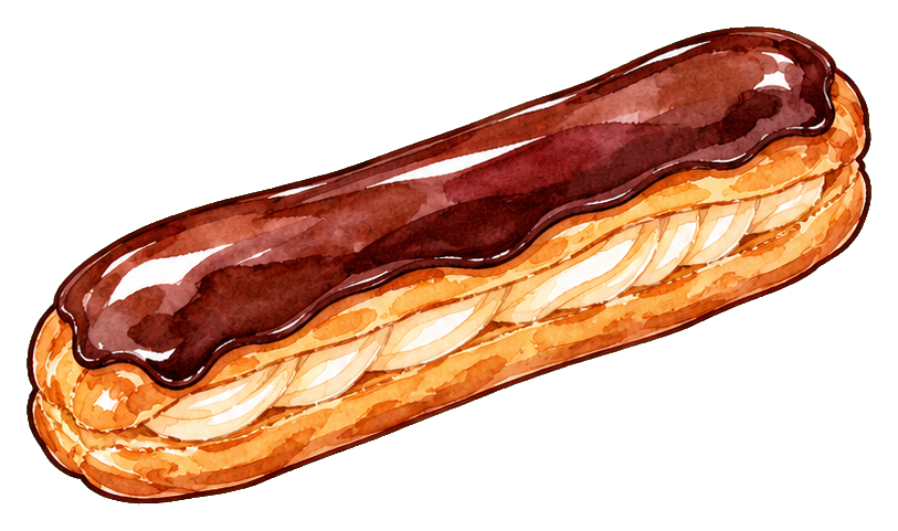 Illustrated chocolate eclair pastry with glossy chocolate icing on top.