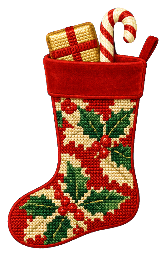 Red Christmas stocking filled with a candy cane and wrapped gifts
