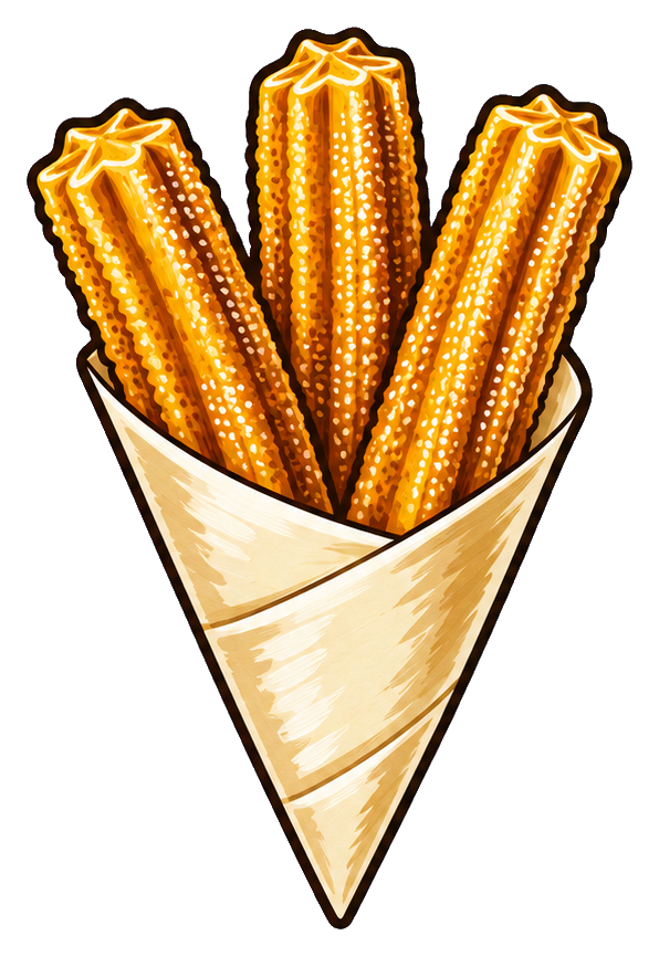 Three golden churros standing in a paper cone,