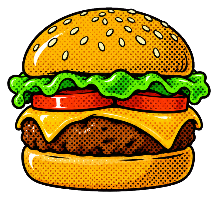 Pop art cheeseburger with sesame bun, lettuce, tomato, cheese, and beef patty