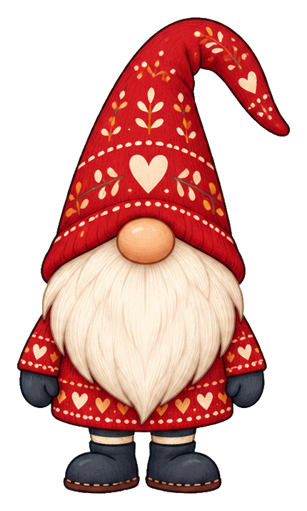Red-hatted gnome with a white beard, heart patterns, and dark boots