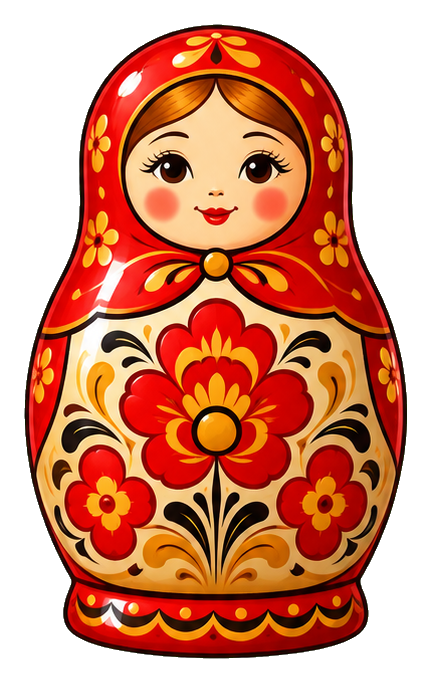 Classic red matryoshka doll with floral folk-art pattern and red headscarf