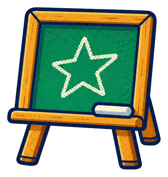 Illustrated classroom chalkboard on an easel with a star drawing