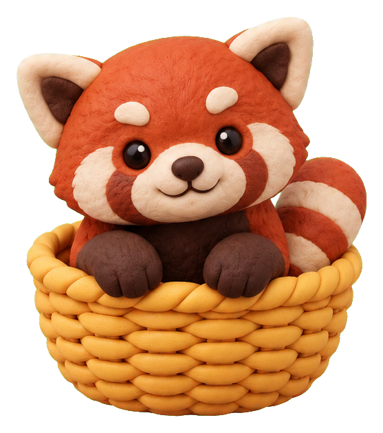 Cute clay red panda baby sitting in a woven basket