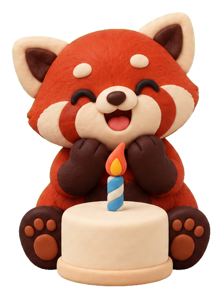 Cute clay red panda sitting behind a birthday cake with a single candle.