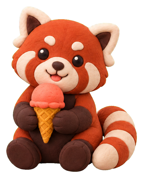 Clay-style red panda sitting and holding a pink ice cream cone