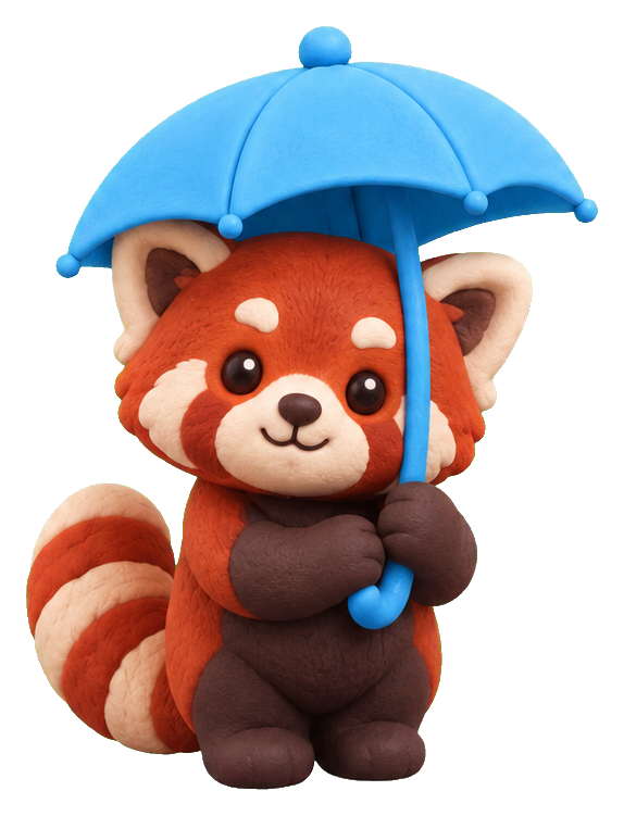 Cute clay-style red panda holding a blue umbrella in the rain