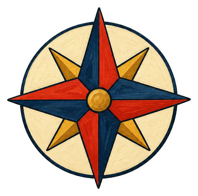 Folk art compass rose with red, blue, gold, and cream points on a beige circle.