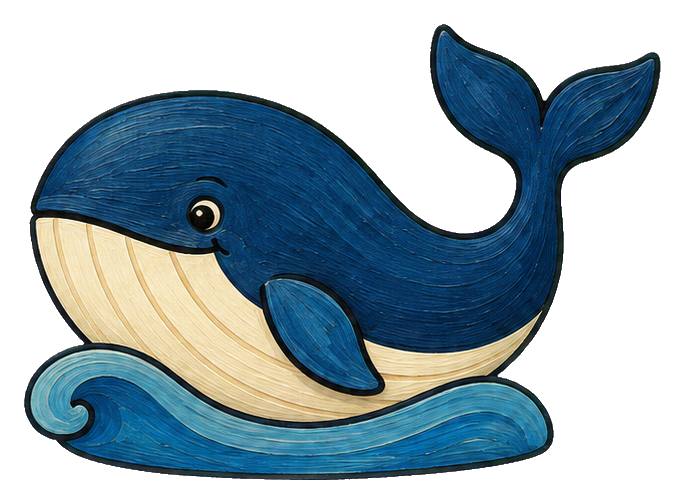 Blue folk art whale with a cream underside and curling wave base.