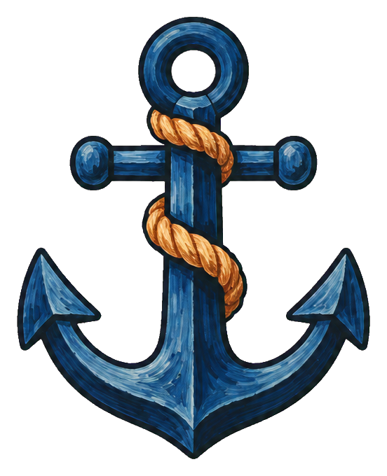 Blue nautical anchor with rope and lighthouse-style top in folk art style