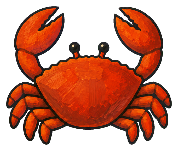 A folk art red crab with lighthouse-inspired coastal design details